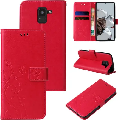 Produktbild von Handyhülle für Samsung Galaxy A8 (2018) Floral Blumen Schmetterling Flip Cover Hülle Case Klapphülle Handytasche Farbe: Rot
