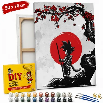 Image de Tableau à peindre par numéros avec cadre : Goku et la lune rouge, 50 x 70 cm