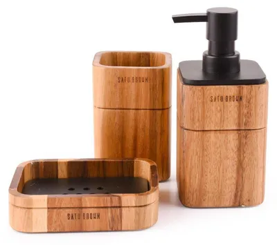 Image de Ensemble de salle de bain 3 pièces en bois d'acacia : distributeur de savon, porte-savon, porte-brosses à dents. Style vintage, rustique