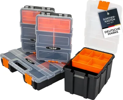 Produktbild von HMF Sortierbox 4-teilig leer, Sortimentskasten für Werkzeug und Kleinteile, 49 Fächer, transparenter Deckel, Schwarz-Orange