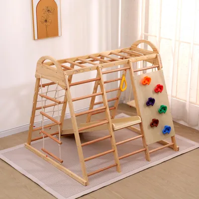 Image de OKWISH Structure de Jeu Enfant 7 en 1 - Toboggan, Balancoire, Murs d’Escalade et Anneaux, Bois Massif, Naturel