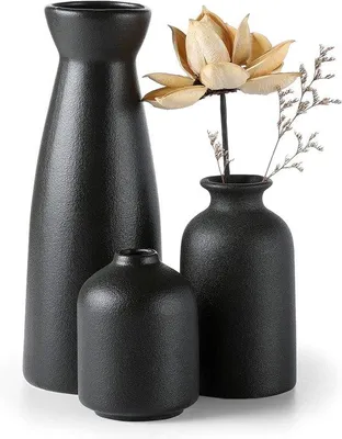 Produktbild von Unyqoos® Keramik-Vasenset 3er – schwarze, handgefertigte Deko-Vasen aus 100% Keramik für Pampasgras, modernes Landhaus-Design, Größen 8,3/4,9/4,0 inch
