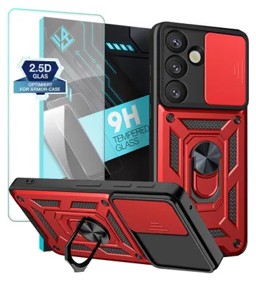 A red and black phone case with a screen protector is displayed.