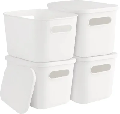 Image de Lot Azomor® de 4 paniers de rangement empilables avec couvercle et poignées, pour la cuisine, la salle de bains et le bureau