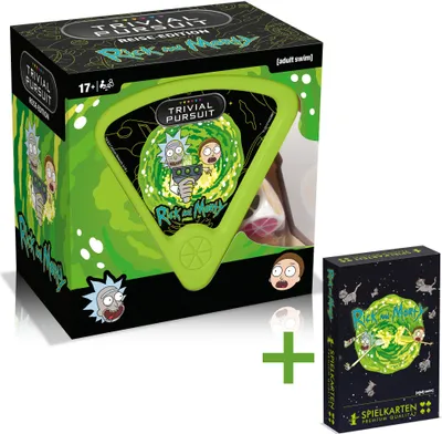 A product shot of a Trivial Pursuit Rick and Morty edition board game box and a deck of playing cards.
