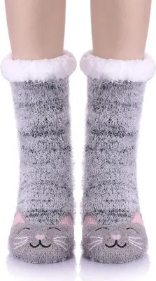 Produktbild von Damensocken mit süßem Strickmuster und Cartoon-Tiergesicht, weich, warm, flauschig, Fleecefutter, für den Winter, Zuhause