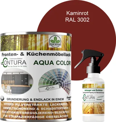 Produktbild von 750ml. + Anlauger - Contura Küchenmöbellack RAL Möbellack SEIDENMATT SET Möbelfarbe Holzlack Buntlack Küchenlack - RAL 3002 Kaminrot