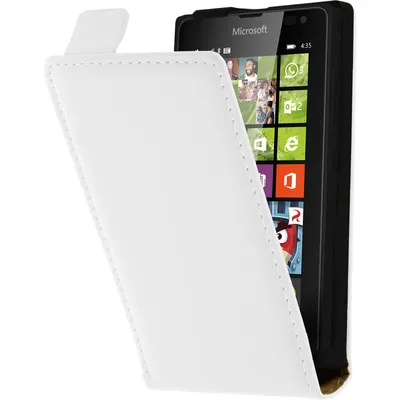 Produktbild von PhoneNatic Kunst-Lederhülle kompatibel mit Microsoft Lumia 435 - Flip-Case weiß + 2 Schutzfolien