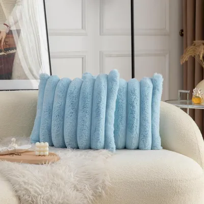 Immagine prodotto di Set di 2 federe decorative in ecopelliccia, a righe, colore blu, 45x45 cm