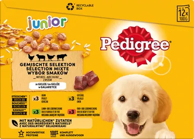 Produktbild von PEDIGREE® Portionsbeutel Multipack Junior 4 Varietäten in Gelee mit Huhn, Rind+Leber, Geflügel, Lamm+Leber 12 x 100g