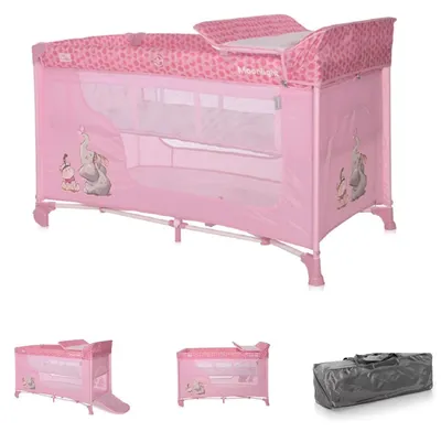 Produktbild von Lorelli Reisebett Moonlight zwei Ebenen, faltbar, Wickelauflage, Matratze, Räder rosa pink