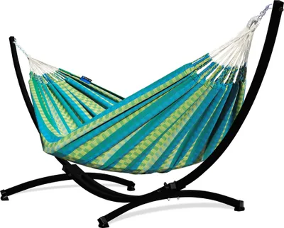 Produktbild von Potenza Outdoor Morena Hängematte mit Gestell für 2 Personen I 100% Baumwolle Doppelhängematte 230x160 cm, 220kg I Schwarz Hängemattengestell 220kg, wetterfest