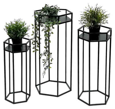 Produktbild von Blumenhocker Metall Schwarz 6-eckig Beistelltisch 3er Set Pflanzenständer Blumensäule Modern
