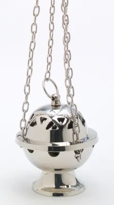 Produktbild von Weihrauchfass mit Kette zum Hängen aus Messing vernickelt Silber Höhe 11 cm mit Innenschale aus Sta