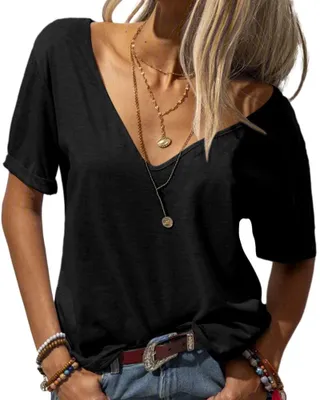 Produktbild von Damenmode Tiefer V-Ausschnitt Kurzarm Tops Uni Lässiges Lockeres Basic T-Shirt