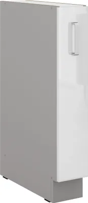 A side view of a narrow kitchen cabinet with a white high-gloss front and a gray side.