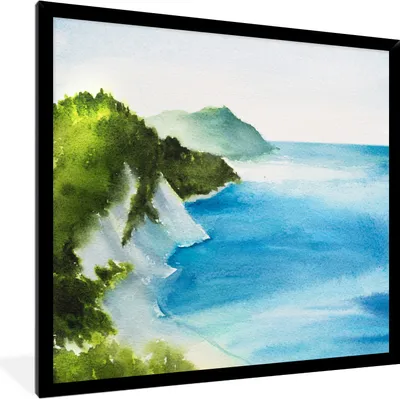 Produktbild von MuchoWow® MuchoWow® Gerahmtes Poster Meer - Berg - Aquarell 40x40 cm - Poster mit zchwarzem Bilderrahmen - Mit Rahmen - Wanddekoration Schlafzimmer