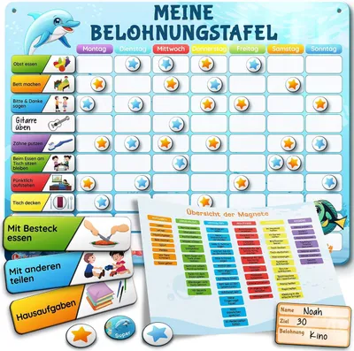 Produktbild von LIKARTO Belohnungstafel Kinder, magnetischer Montessori Aufgabenplaner Blau | 60 Aufgaben, 9 leere Magnete, 180 Sterne, 30 Bonus-Magnete,