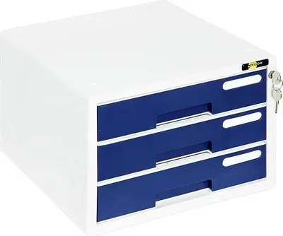 Image de Boîte à tiroirs A4 verrouillable avec serrure, en plastique, 3 compartiments, couleur : blanc/bleu