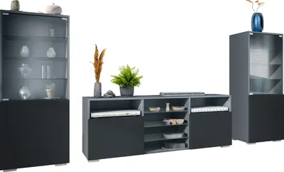 Produktbild von Vladon Wohnwand Granada, Anbauwand bestehend aus 2 Vitrinen und 1 TV-Board, Anthrazit matt/Schwarz matt (286 x 122,5 x 35 cm)