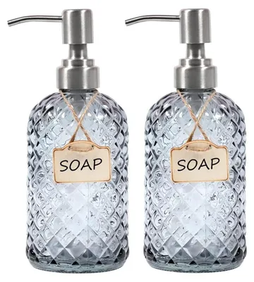 Image de Distributeurs de savon en verre, gris, lot de 2, avec pompe en acier inoxydable, pour salle de bain et cuisine
