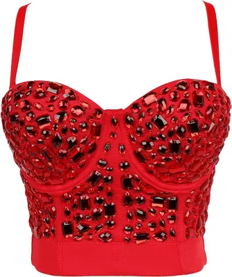 Produktbild von Damen-Korsett-Bustier mit Push-Up-Effekt, verziert mit Strasssteinen und mit verstellbaren Trägern, in Rot