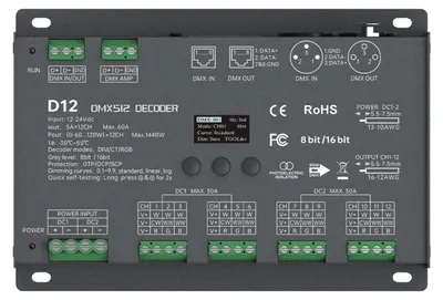 Produktbild von LTECH D12 DMX512/RDM LED Controller 12-Kanal 5A, 12-24V DC, mit OLED Display, Konstantspannung