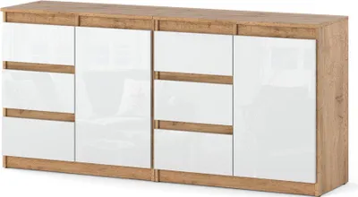 Zdjęcie produktu dla Komoda Szafka Pojemne 6 Szuflad Nowoczesne 160Cm Dąb Wotan Biały Połysk