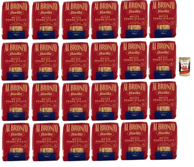 Produktbild von Barilla Al Bronzo Mezze Penne Rigate 24x500g – rau & bronzgezogen für extra Saucenhaftung, italienische Hartweizen-Pasta Vorratspack + Italian Gourmet polpa