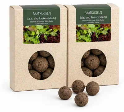 Produktbild von 40 Stück Saatkugeln Salat- und Raukemischung – Babyleaf, Pflücksalat & Kresse