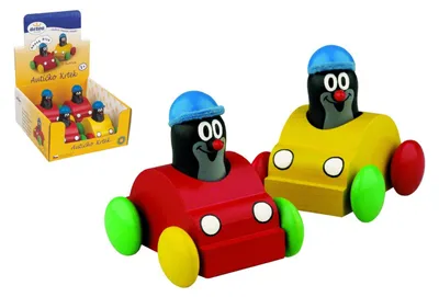 Obrázok produktu pre Pískající krtek v autíčku dřevo 7cm 2 barvy 4ks v boxu od 12 měsíců