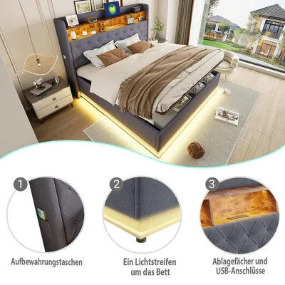 Image de OKWISH Lit Coffre 180x200 cm - Lit Double en Tissu Lin Gris avec Éclairage LED, Port USB et Rangement Hydraulique Intégré, Sans Matelas