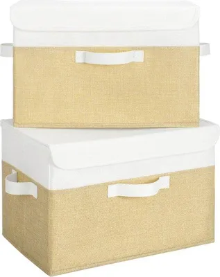 Obrázek produktu pro Úložné boxy s víkem, 2 úložné boxy látkové, skládací organizér s víkem, úložné koše na oblečení, bílo-hnědé, skládací boxy s víkem do šatníku