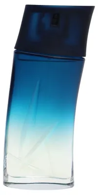 Flakon von Kenzo Homme Eau de Parfum mit Farbverlauf von Blau zu Transparent und geprägtem Bambusmuster im Glas.