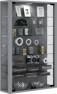 Produktbild von Vitrosa Mini Vitrinenschrank Wandhängend mit 2 Glastüren 8 Glasböden Silberfarbig.