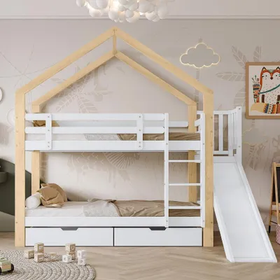 Produktbild von Etagenbett mit Rutsche 90x200cm aus Massivholz und MDF, Hausbett mit Absturzsicherung, dreistufiger Winkelaufstiegsleiter und 2 Schubladen