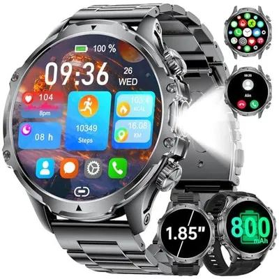 Produktbild von LIGE Smartwatch Herren 800 mAh Akku,1.85'' Großes Display/LED Taschenlampe mit Telefonfunktion,IP68 Wasserdicht Fitnessuhr mit 110+ Sportmodi Herz-/Schlaftracking für Android iOS