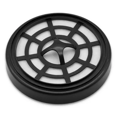 A close-up, studio shot of a black circular air filter with a white filter medium visible behind a black grid. The grid has concentric circles and radial spokes, with a central structural element.
