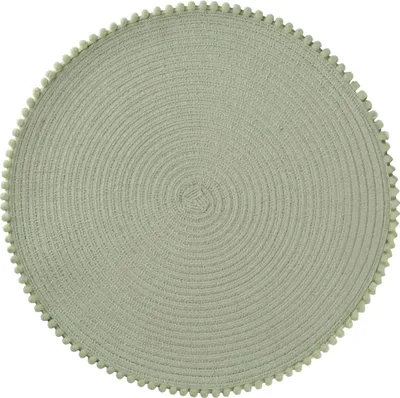 Produktbild von Rundes Tischset 38 cm Salbei, geflochtene Platzmatte mit Pomponrand, abwischbar, 1 Stück