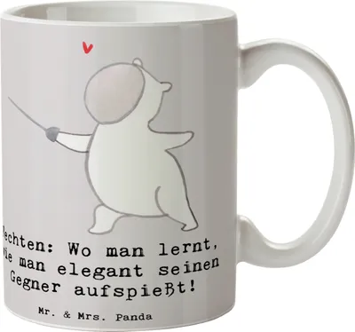 Produktbild von Mr. & Mrs. Panda Tasse Fechten Eleganz - Grau Pastell - Geschenk, Kaffeebecher, Sportart, Sportler, Teamsport, Geschenke, Freizeitbeschäftigung, Kaffeetasse, Disziplin