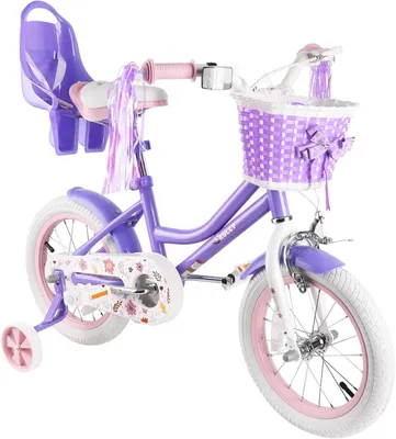 Image de Vélo pour enfants, modèle fille, de 3 à 5 ans, couleur violet, avec stabilisateurs et panier