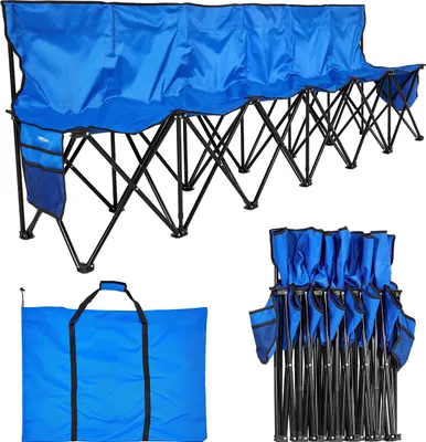 A blue portable team bench with a black metal frame, shown in three different configurations: fully assembled, folded into a carrying bag, and folded for storage. The bench has side pockets.