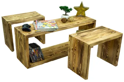 Produktbild von Vintage Tisch mit 2 Sitzhockern in geflammt