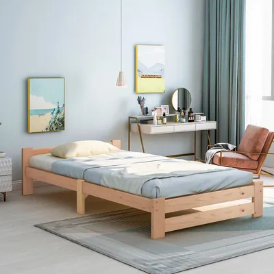 Produktbild von Massivholzbett Beige 90x200cm Mit Kopfteil und Lattenrost Massivholz Futonbett Massivholz Bett Einzelbett Jugendbett (Ohne Matratze)
