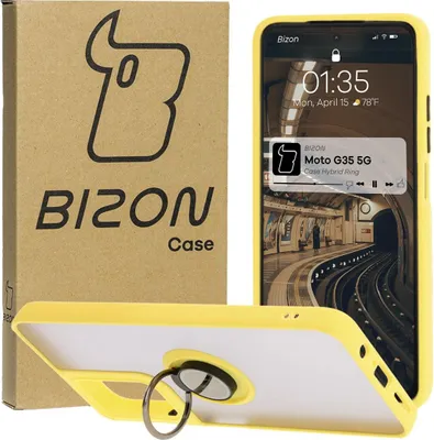 Produktbild von Bizon Case Hybrid Ring Fingerringhülle für Motorola Moto G35 5G, Rauch mit gelbem Rahmen