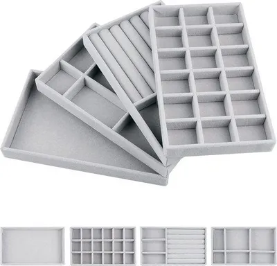 Imagen del producto de Organizador de joyas Unyqoos® de terciopelo, bandeja de almacenamiento apilable de 21 x 12,3 cm, con compartimentos para anillos y separadores removibles, para mujeres y niñas, color gris