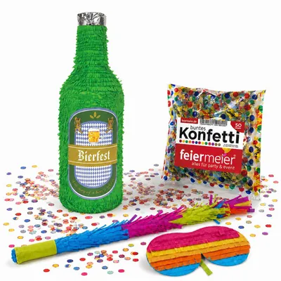 Produktbild von Pinata-Set | 4-tlg. mit Augenmaske, Schlagstock und Konfetti Farbe: "Bierfest Bierflasche" | 20x20x76cm