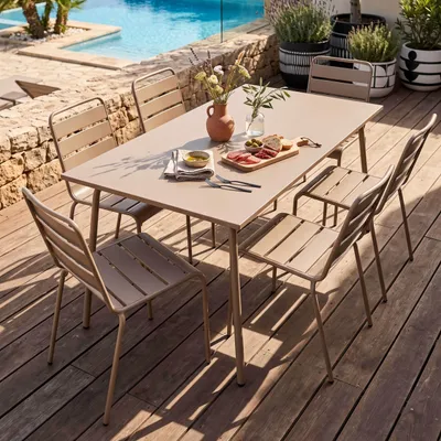 Produktbild von Gartentisch und 6 Metallstühle Taupe - Oviala Palavas