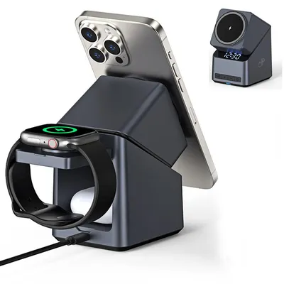 Produktbild von Ladestation, 4-in-1-Ladestation, kompatibel mit MagSafe, 15W-Schnelllade-Dockingstation mit LED-Uhr, verstellbarer Metall-Handyständer