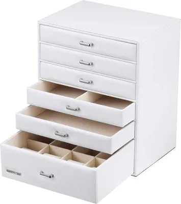 Produktbild von Famanu Schmuckkästchen mit 6 Fächern - für Halsketten, Uhren, Ringe, Armbänder, Ohrringe - Aufbewahrungsbox